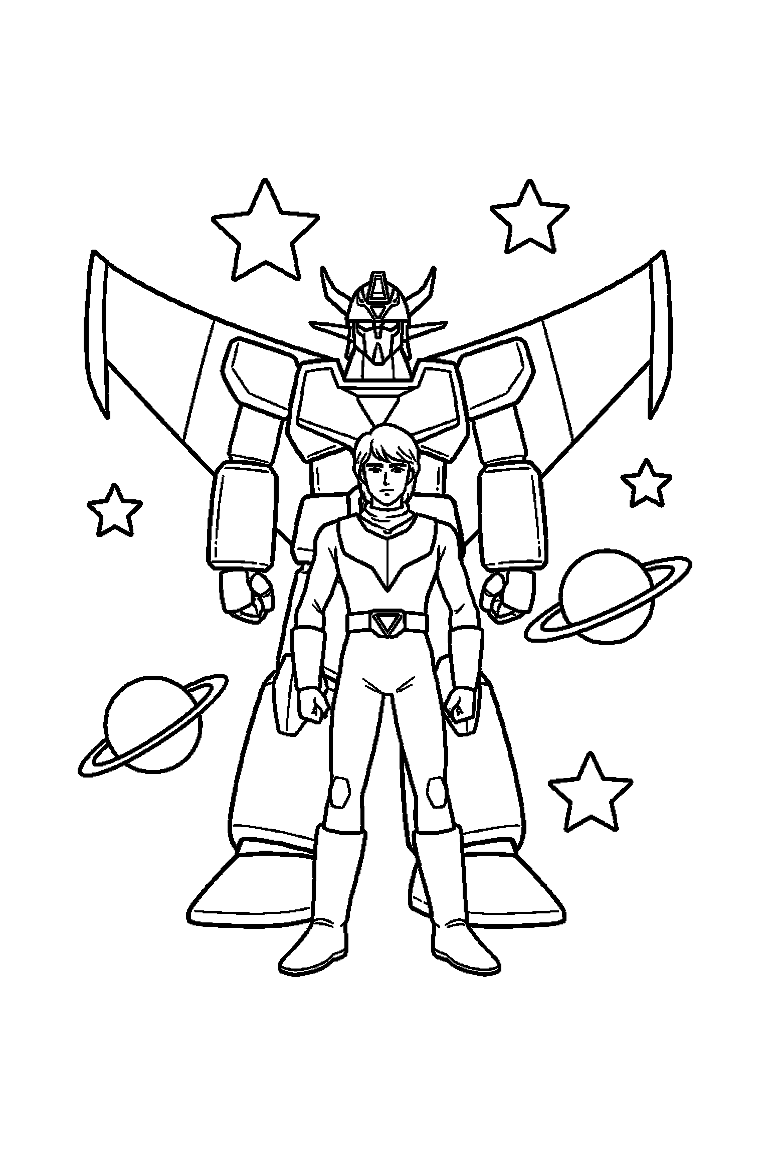 Coloriage Goldorak gratuit à imprimer : Actarus debout avec les deux bras visibles et bien attachés au corps