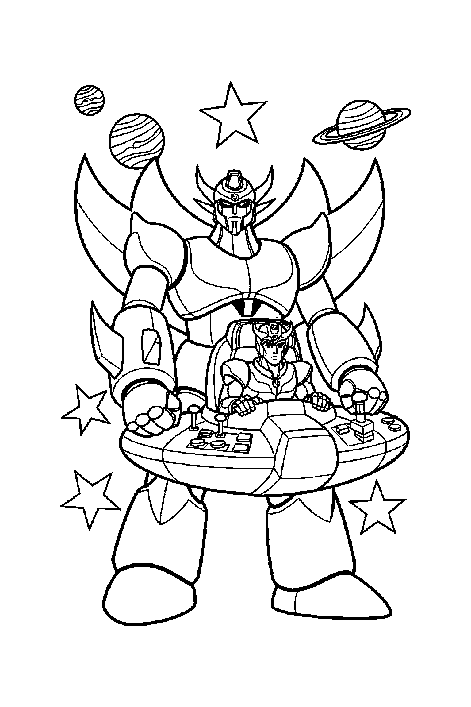 Coloriage Goldorak gratuit à imprimer : un vaisseau spatial devant une console sans texte