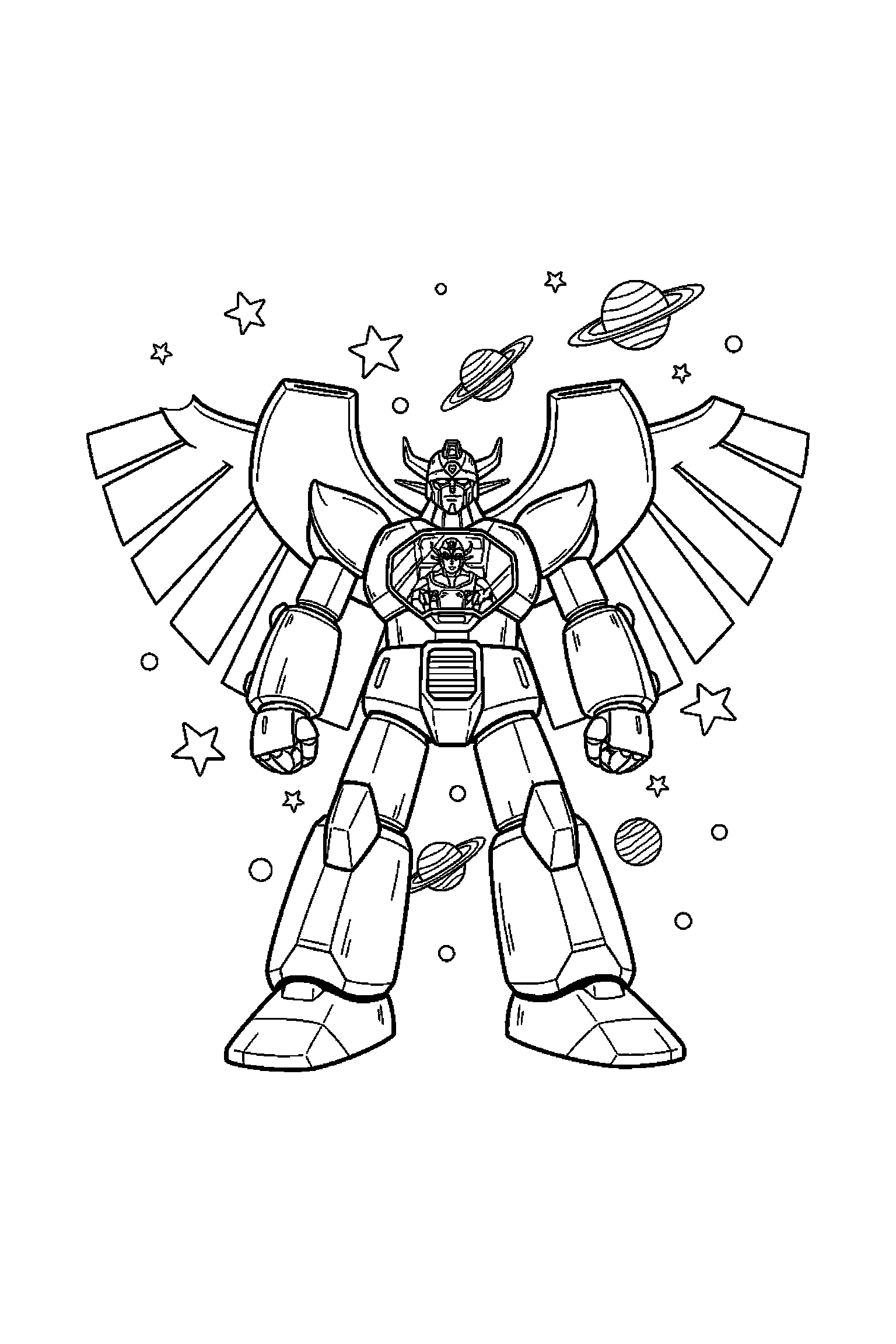 Coloriage Goldorak gratuit à imprimer : un robot géant avec ailes mécaniques autour de lui