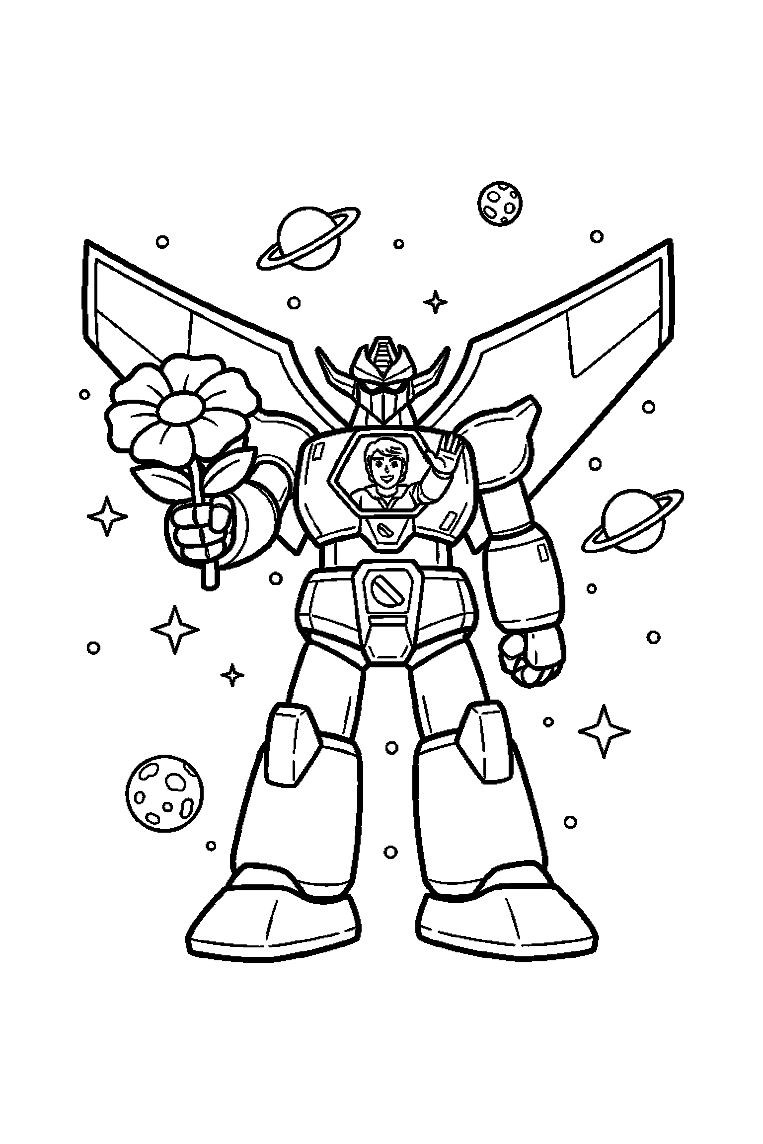 Coloriage Goldorak gratuit à imprimer : un vaisseau spatial tenant une fleur