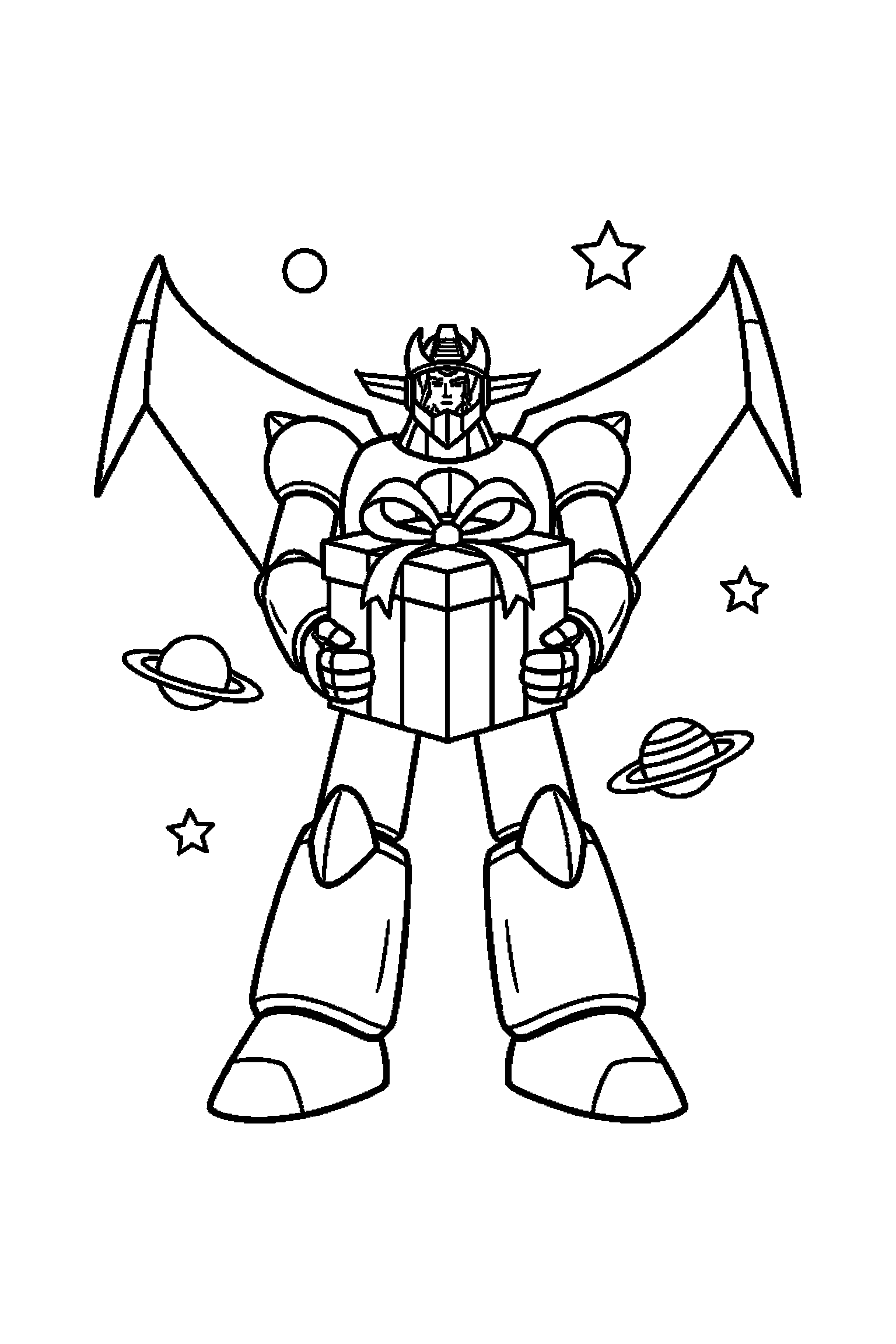 Coloriage Goldorak gratuit à imprimer : un robot géant avec un cadeau fermé