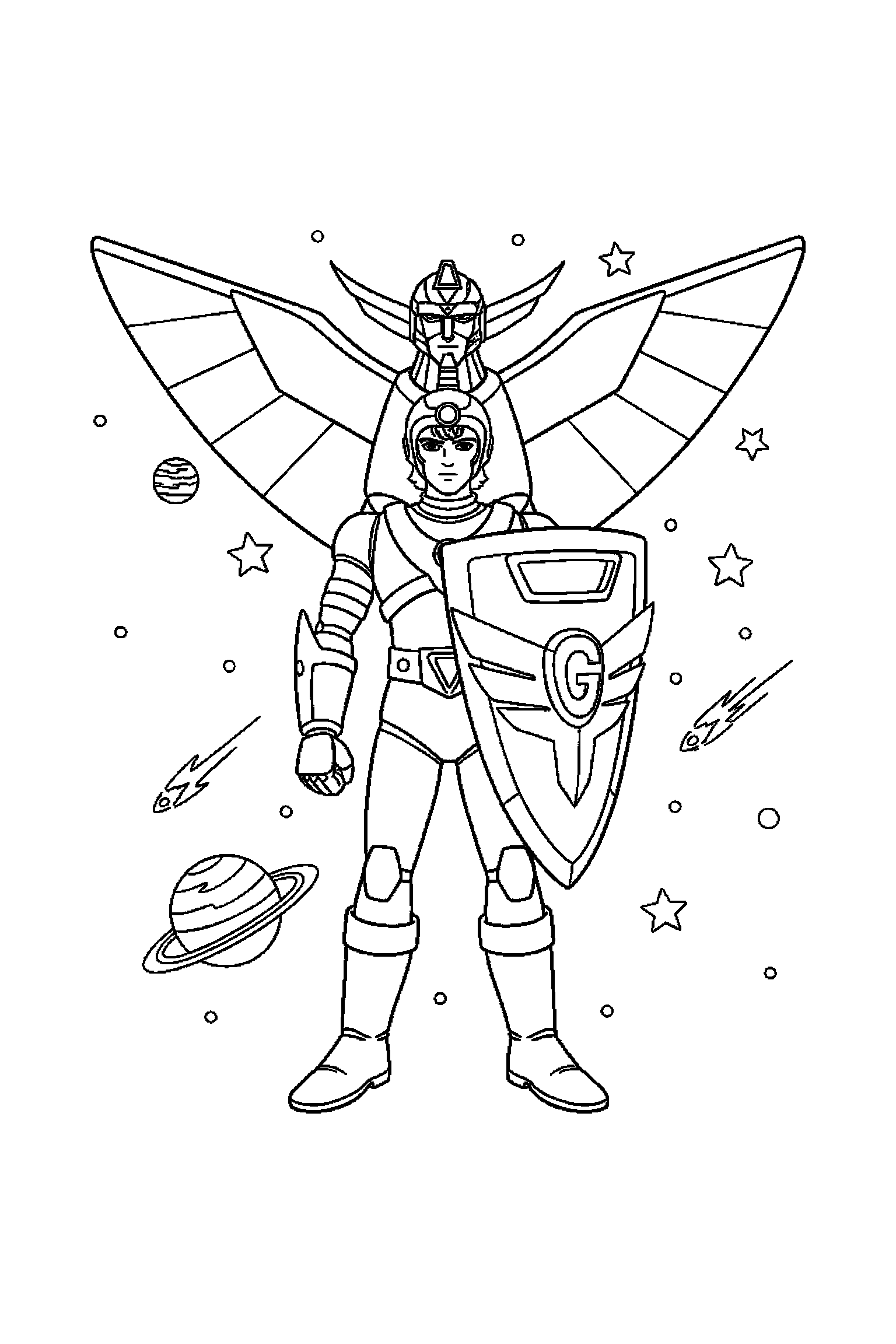 Coloriage Goldorak gratuit à imprimer : Actarus qui montre un bouclier avec un bras bien attaché au corps