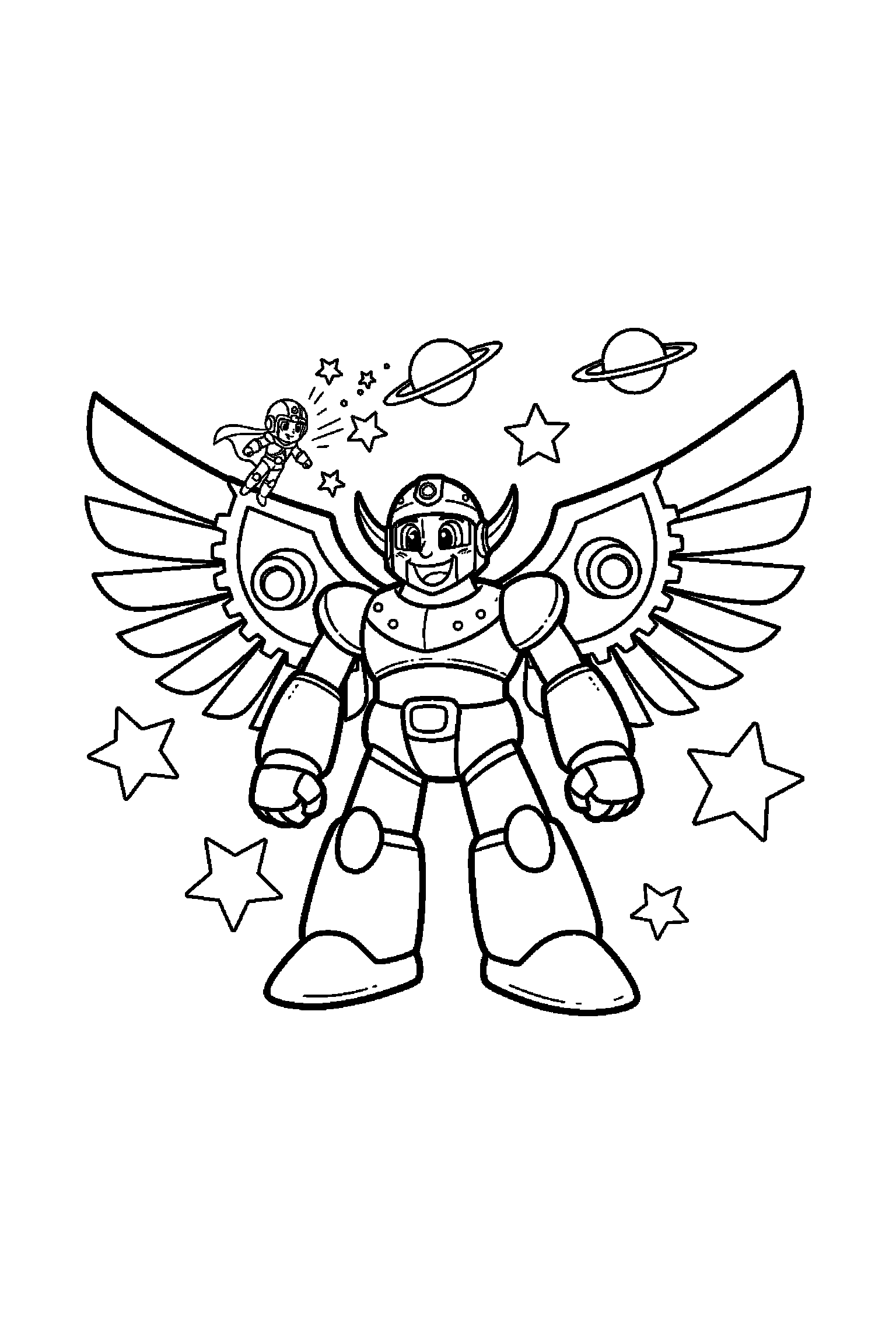 Coloriage Goldorak gratuit à imprimer : un robot géant souriant devant un grand motif ailes mécaniques