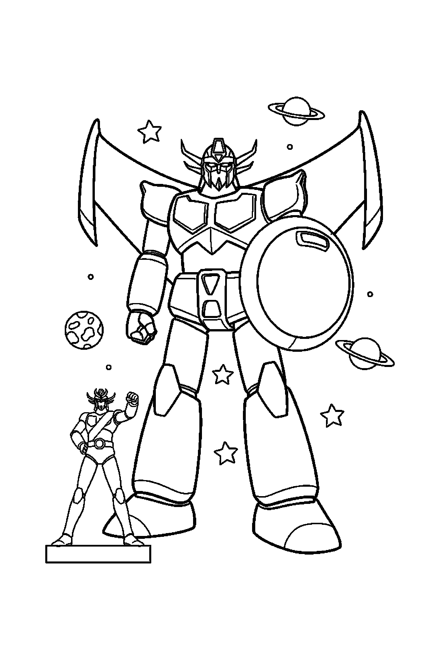 Coloriage Goldorak gratuit à imprimer : Goldorak debout avec un bouclier simple et fond blanc