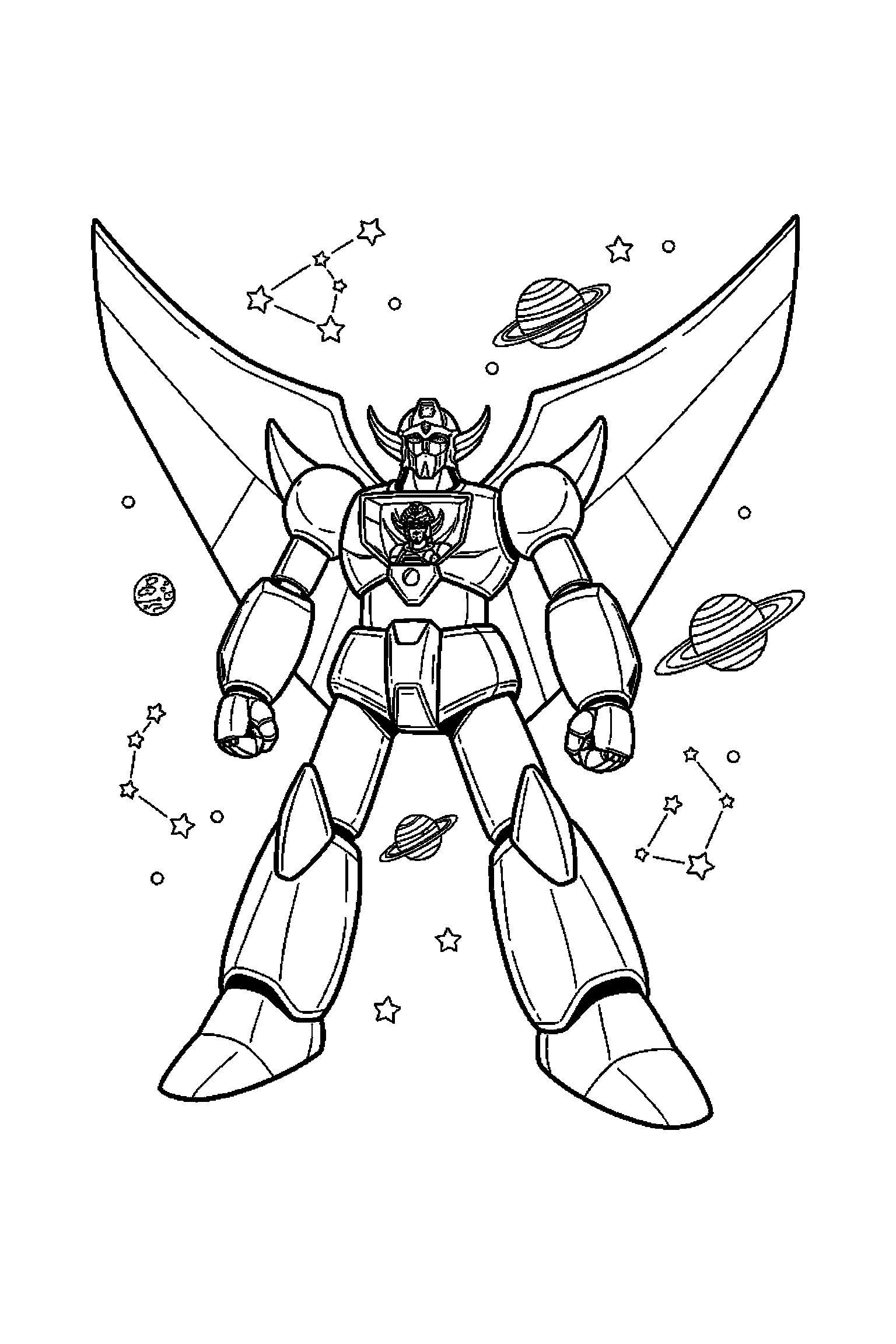 Coloriage Goldorak gratuit à imprimer : un robot géant en petite scène d'aventure