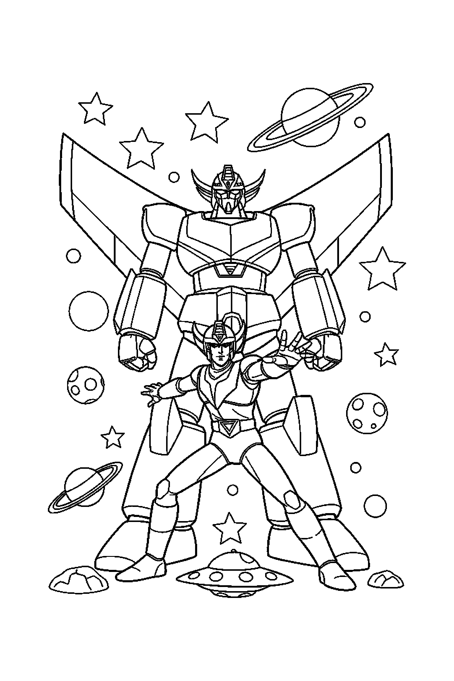 Coloriage Goldorak gratuit à imprimer : un pilote héroïque avec un décor d'arrière-plan