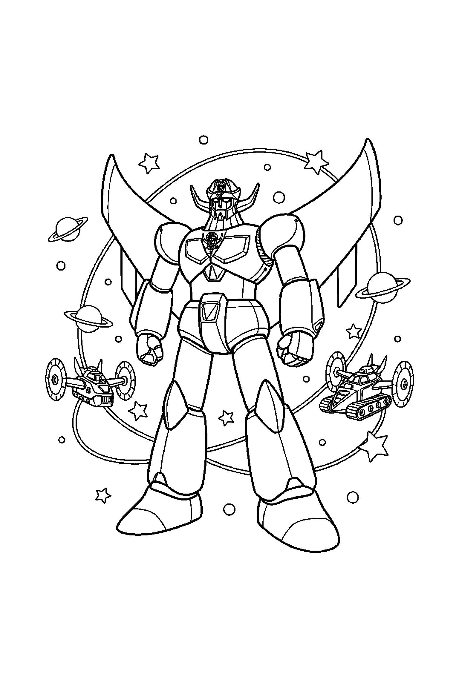 Coloriage Goldorak gratuit à imprimer : un vaisseau spatial avec deux accessoires à colorier