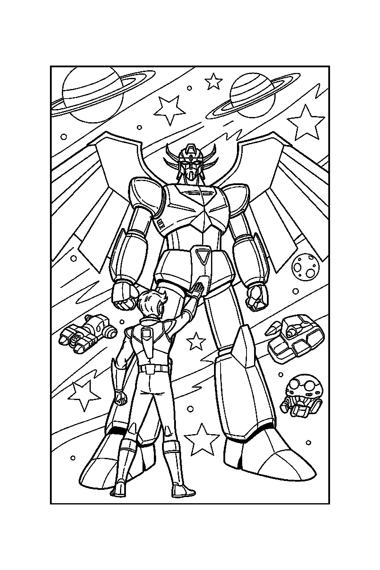 Coloriage Goldorak gratuit à imprimer : Goldorak devant un fond décoré avec étoiles