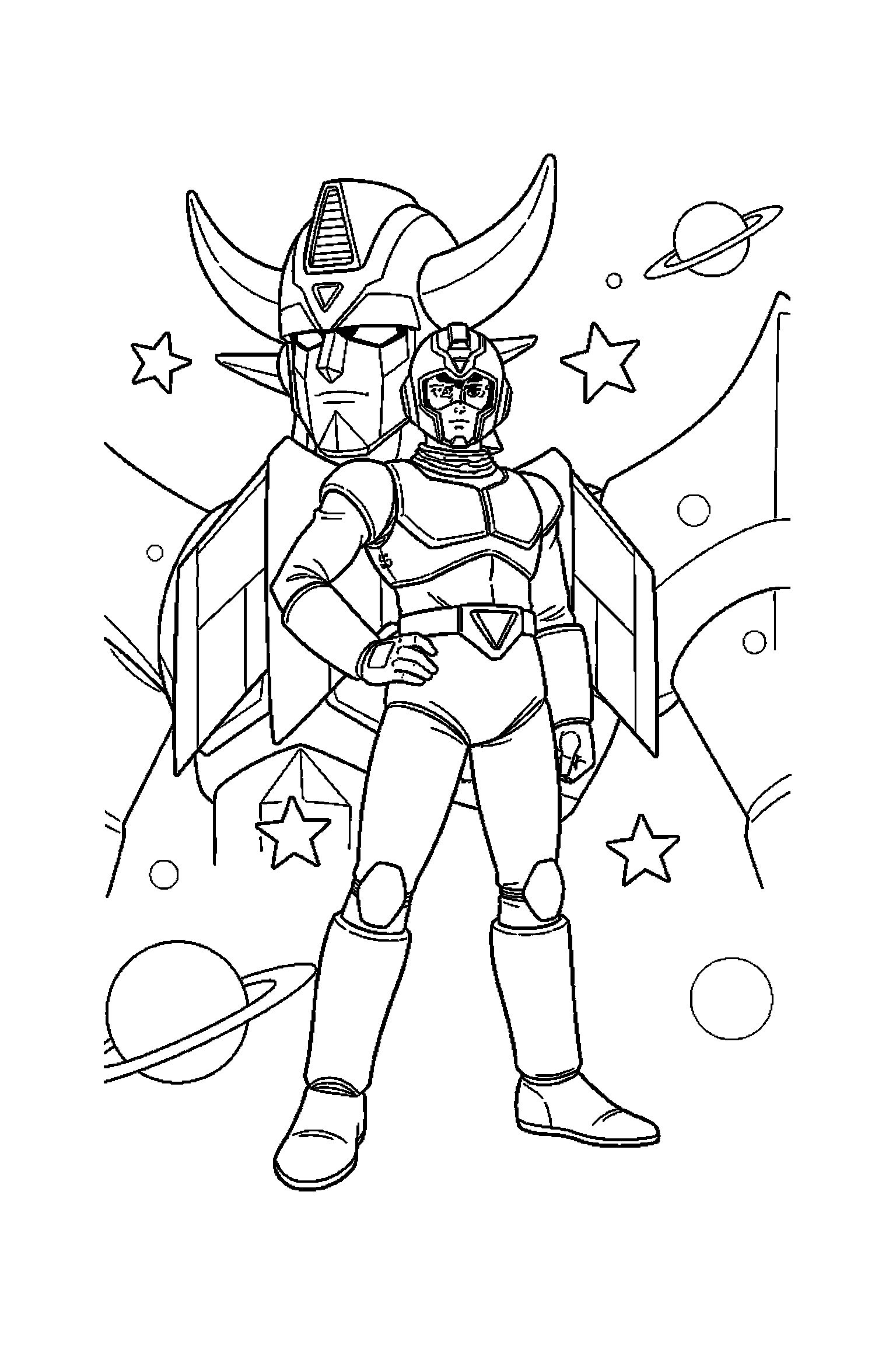 Coloriage Goldorak gratuit à imprimer : Actarus seul debout avec casque et etoiles simples
