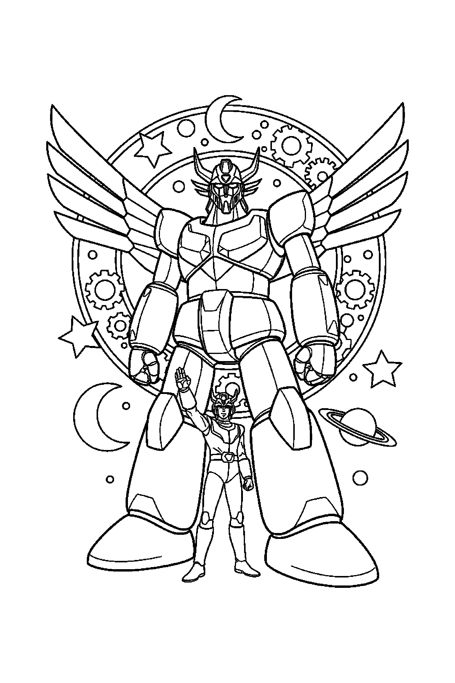 Coloriage Goldorak gratuit à imprimer : un robot géant entouré par des motifs ailes mécaniques