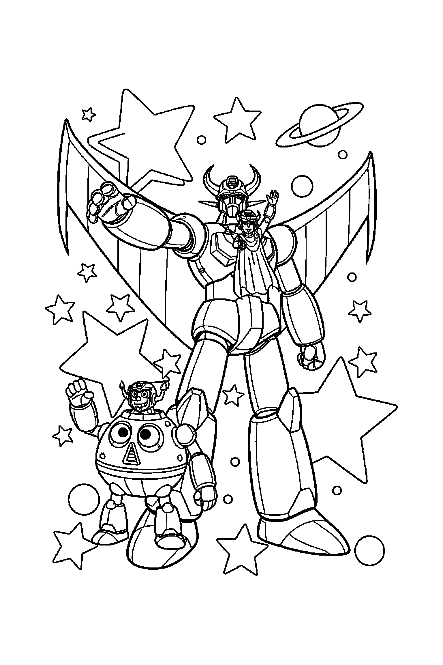 Coloriage Goldorak gratuit à imprimer : un pilote héroïque avec un autre personnage de son univers