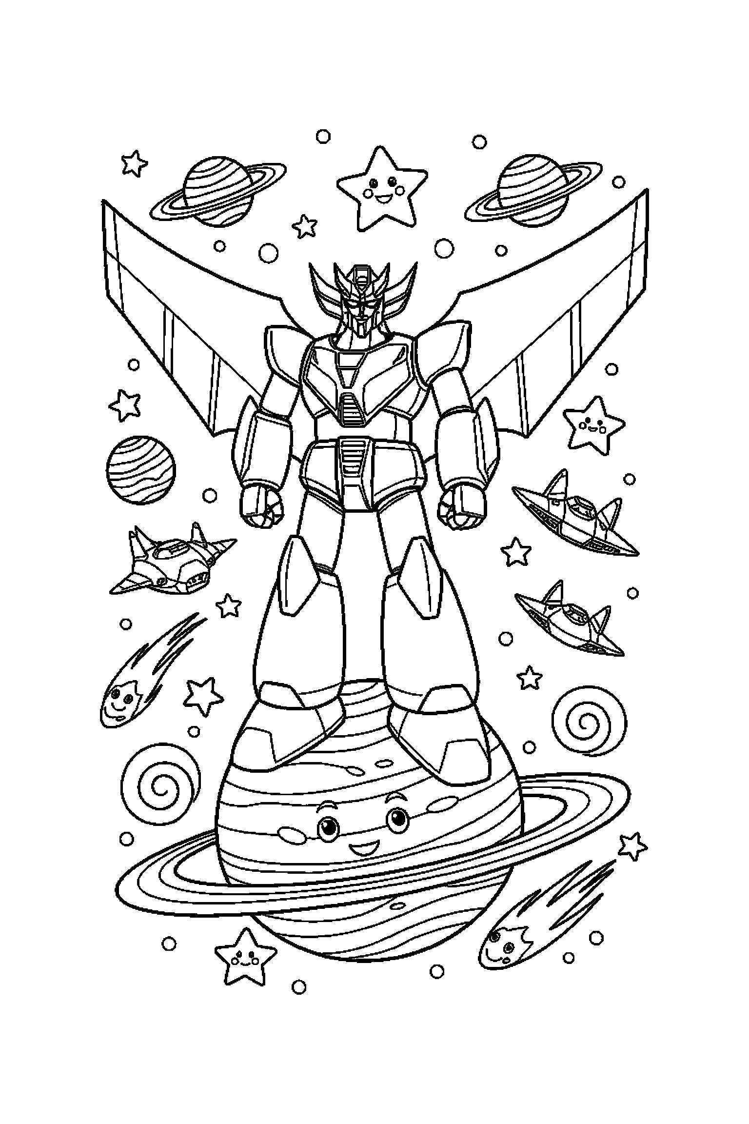 Coloriage Goldorak gratuit à imprimer : un vaisseau spatial dans une scène joyeuse