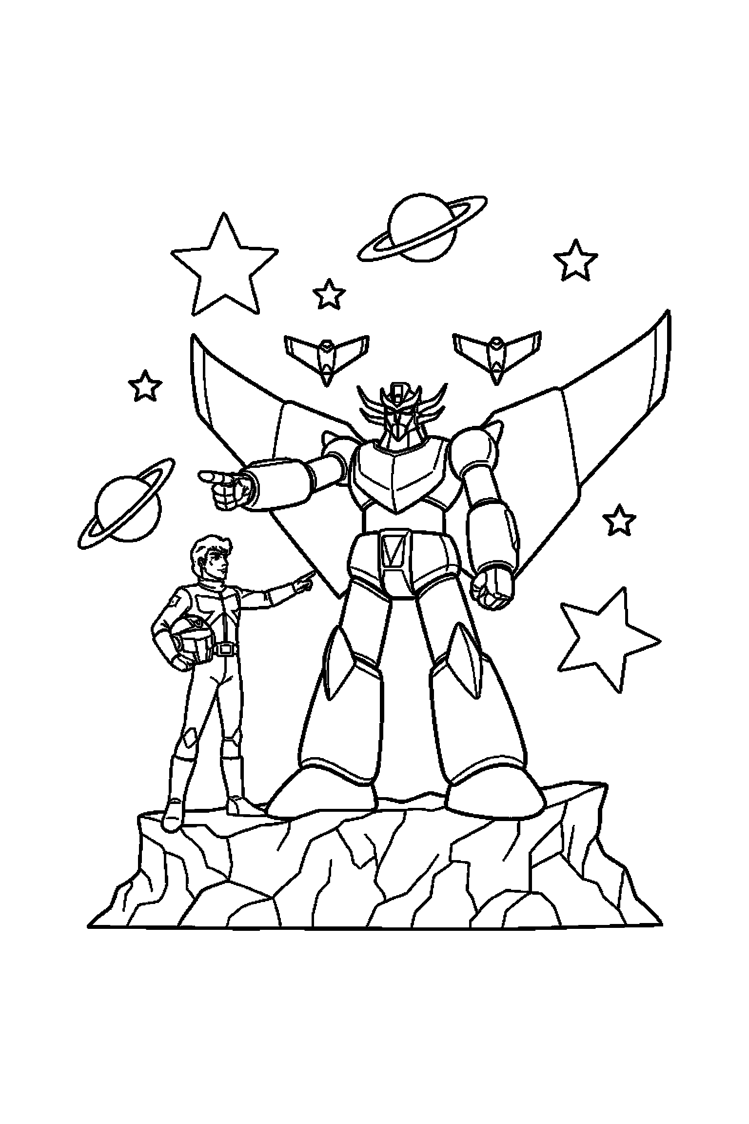Coloriage Goldorak gratuit à imprimer : Goldorak au milieu de grands éléments faciles