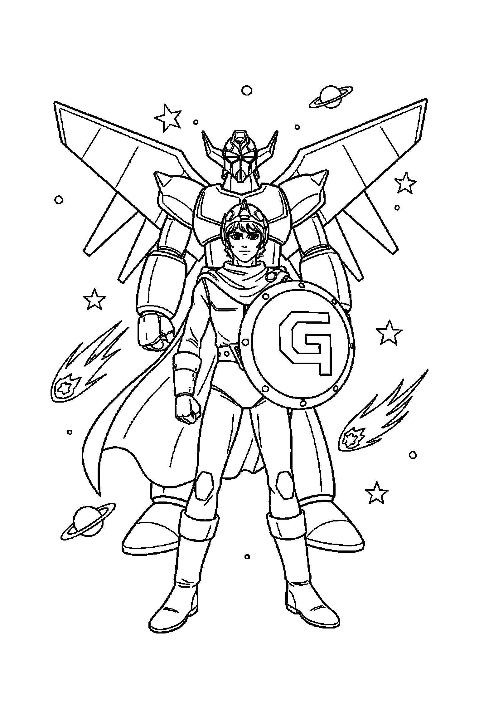 Coloriage Goldorak gratuit à imprimer : Actarus avec un bouclier sur un fond clair