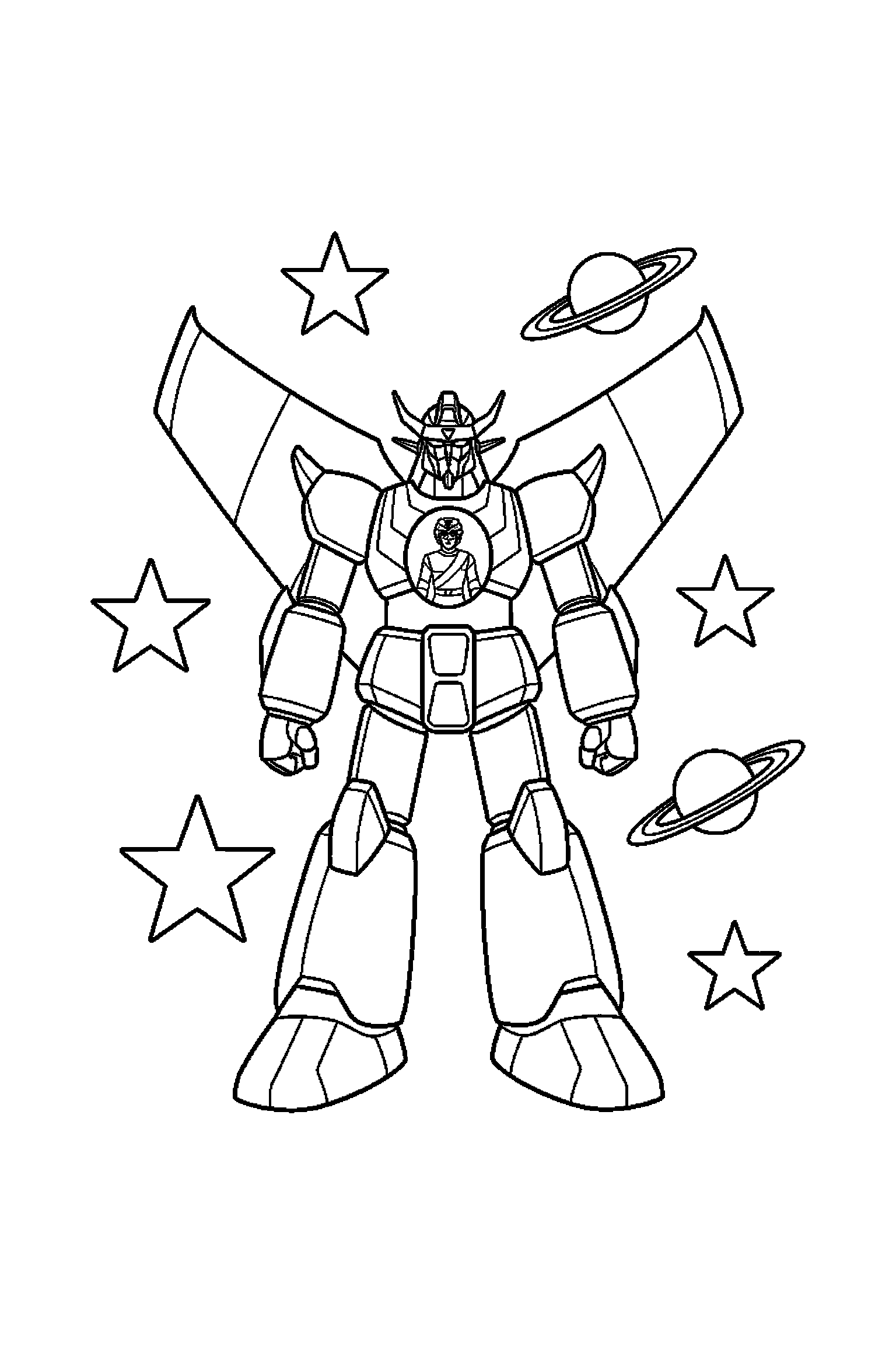 Coloriage Goldorak gratuit à imprimer : Goldorak seul dans l espace avec quelques etoiles larges