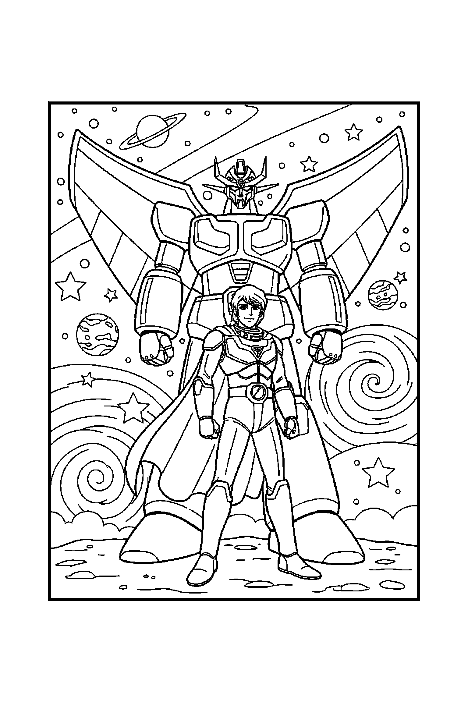 Coloriage Goldorak gratuit à imprimer : Actarus seul devant Goldorak avec contours clairs