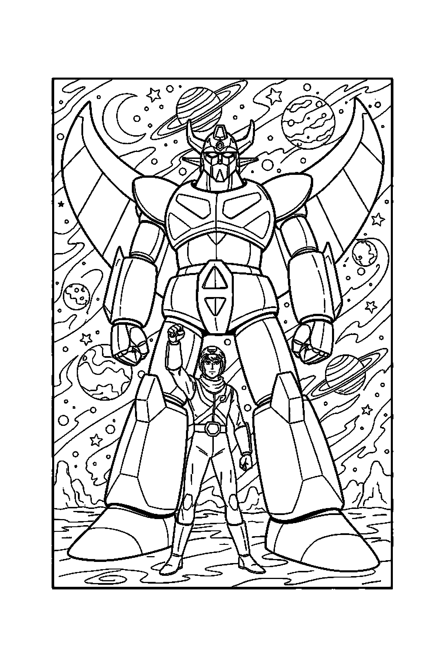 Coloriage Goldorak gratuit à imprimer : scène verticale avec un robot géant et les héros de Goldorak