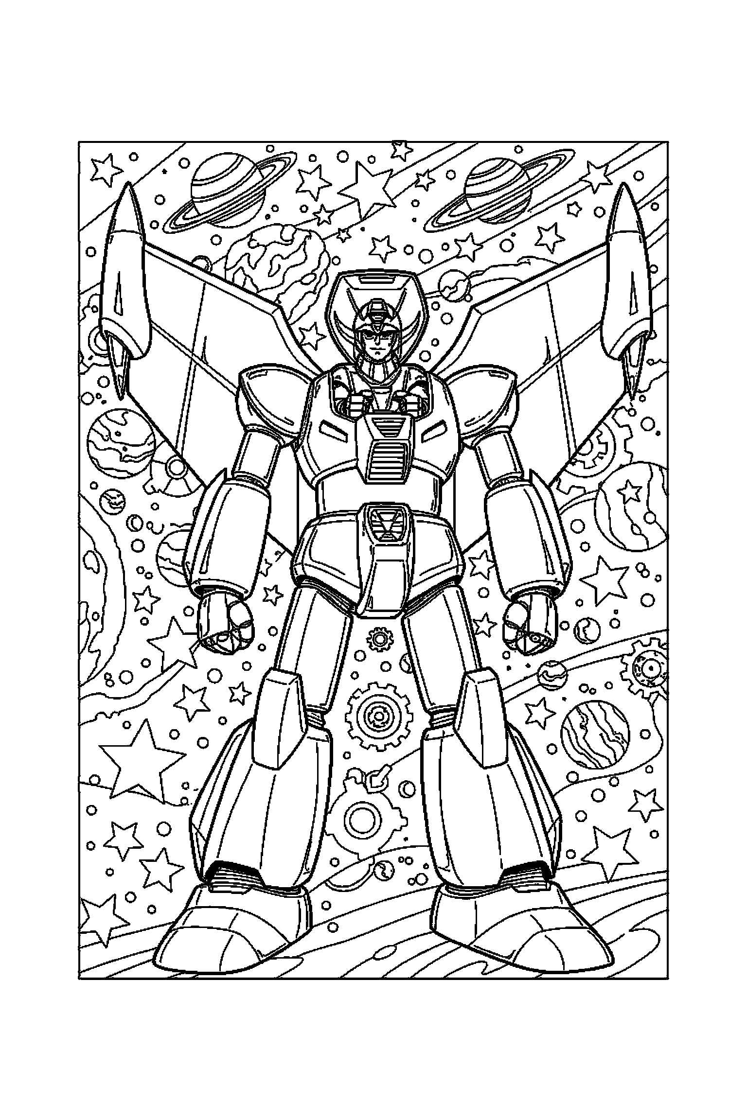 Coloriage Goldorak gratuit à imprimer : un pilote héroïque au centre d'un décor riche mais lisible