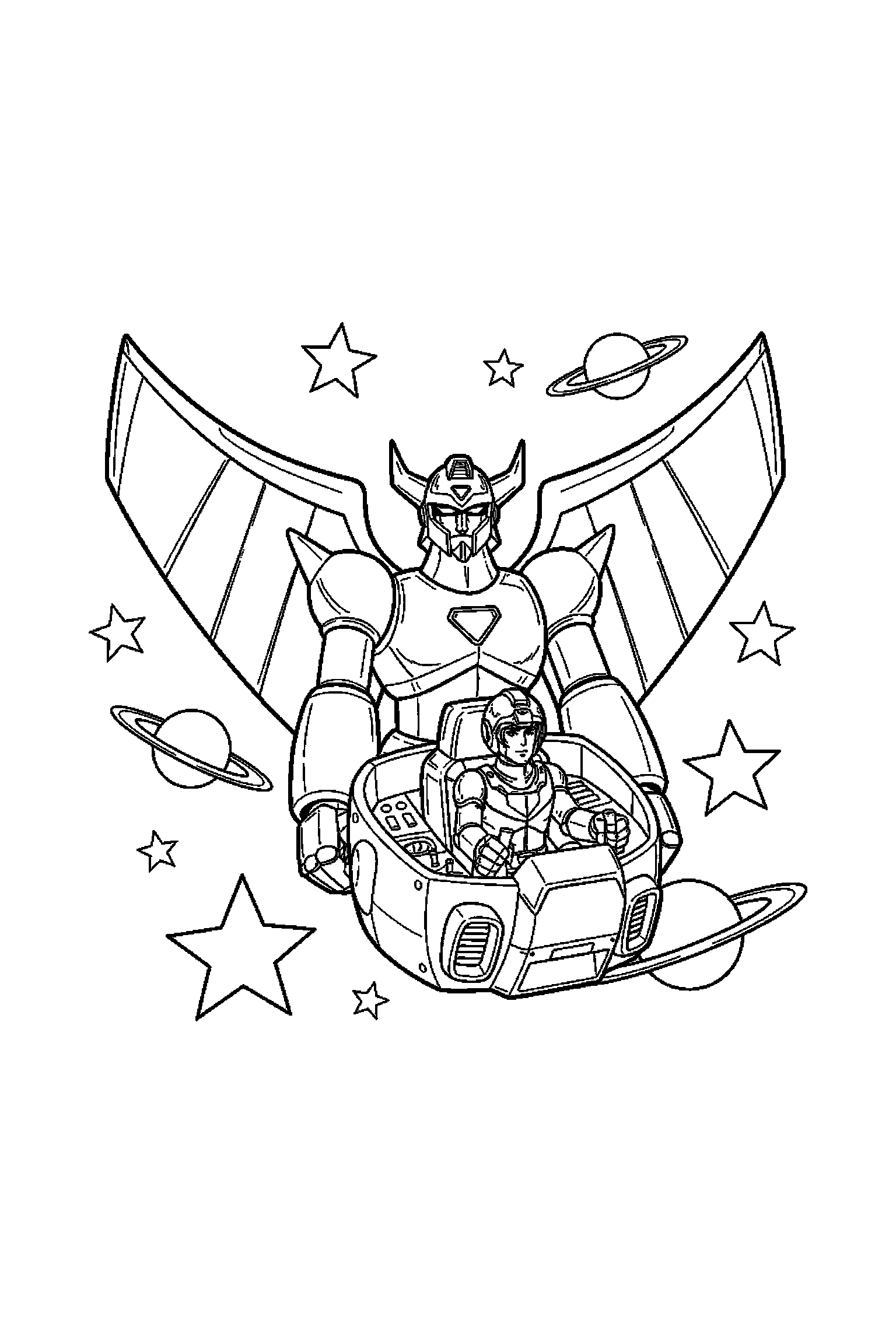 Coloriage Goldorak gratuit à imprimer : Goldorak dans une petite scène avec un cockpit