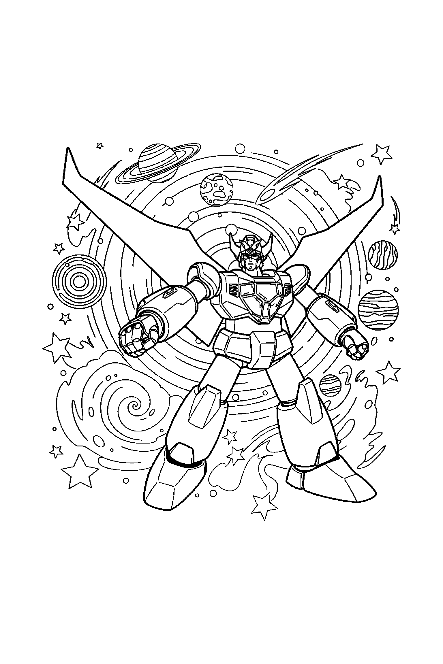 Coloriage Goldorak gratuit à imprimer : Goldorak avec décor détaillé de l'espace