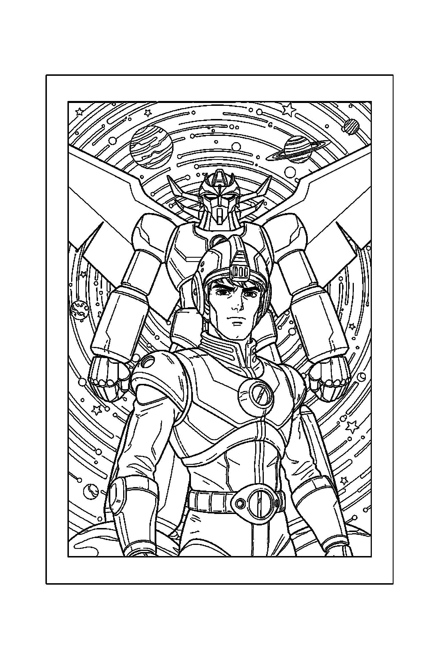 Coloriage Goldorak gratuit à imprimer : portrait détaillé de Actarus avec motifs planètes