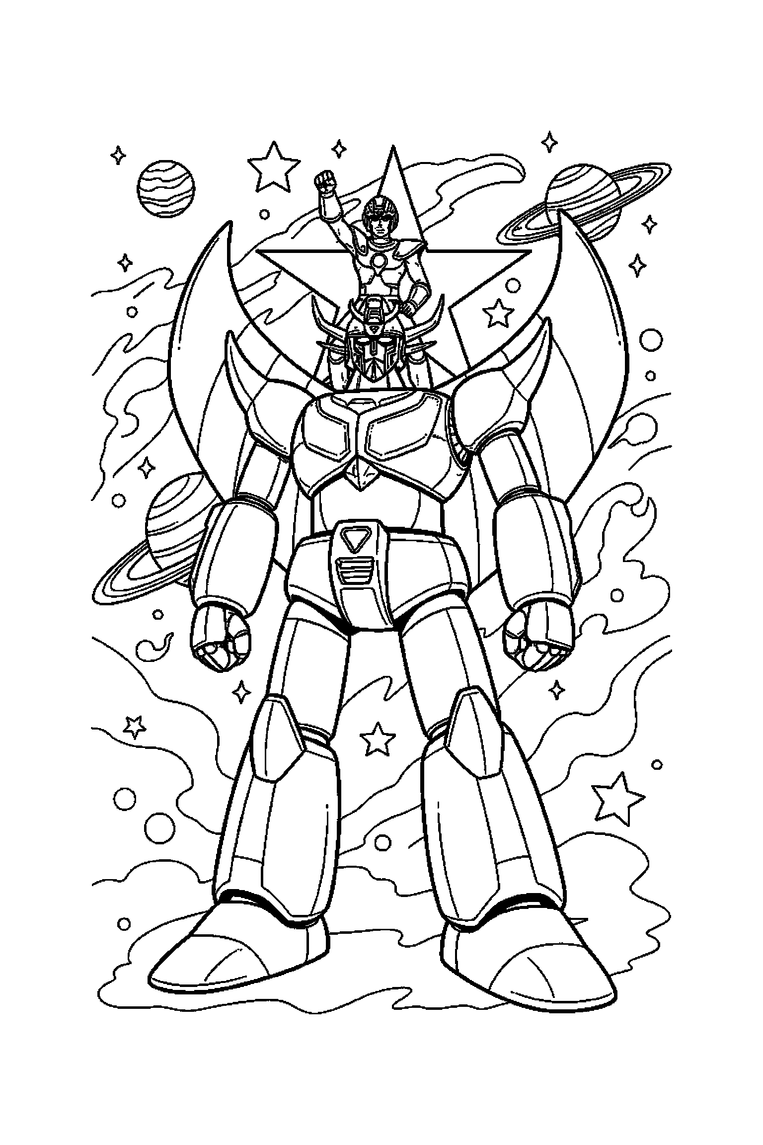 Coloriage Goldorak gratuit à imprimer : un robot géant dans une scène verticale avec une étoile