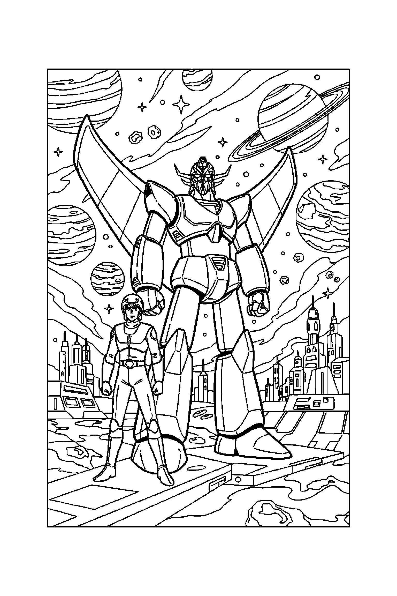 Coloriage Goldorak gratuit à imprimer : les héros de Goldorak avec arrière-plan complet à colorier