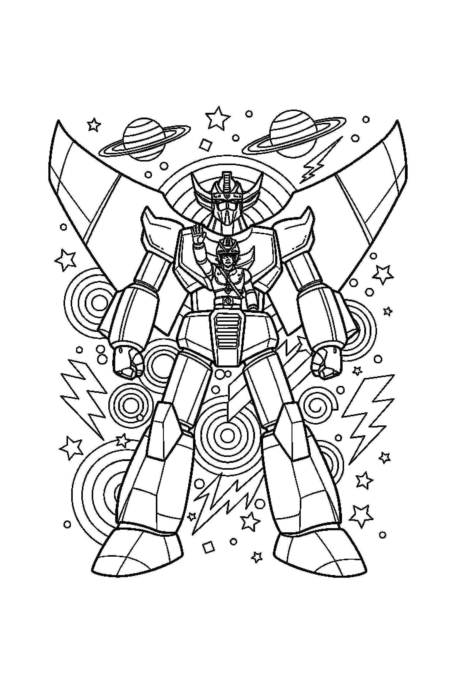 Coloriage Goldorak gratuit à imprimer : un vaisseau spatial entouré de formes rétro et petits détails