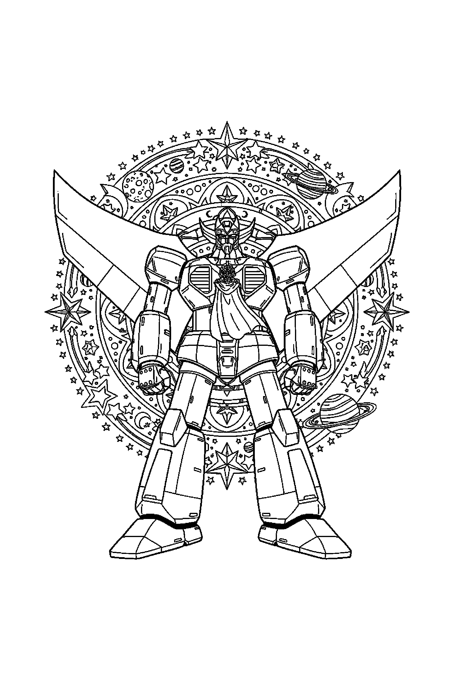 Coloriage Goldorak gratuit à imprimer : poster A4 détaillé de Goldorak avec mandala étoiles