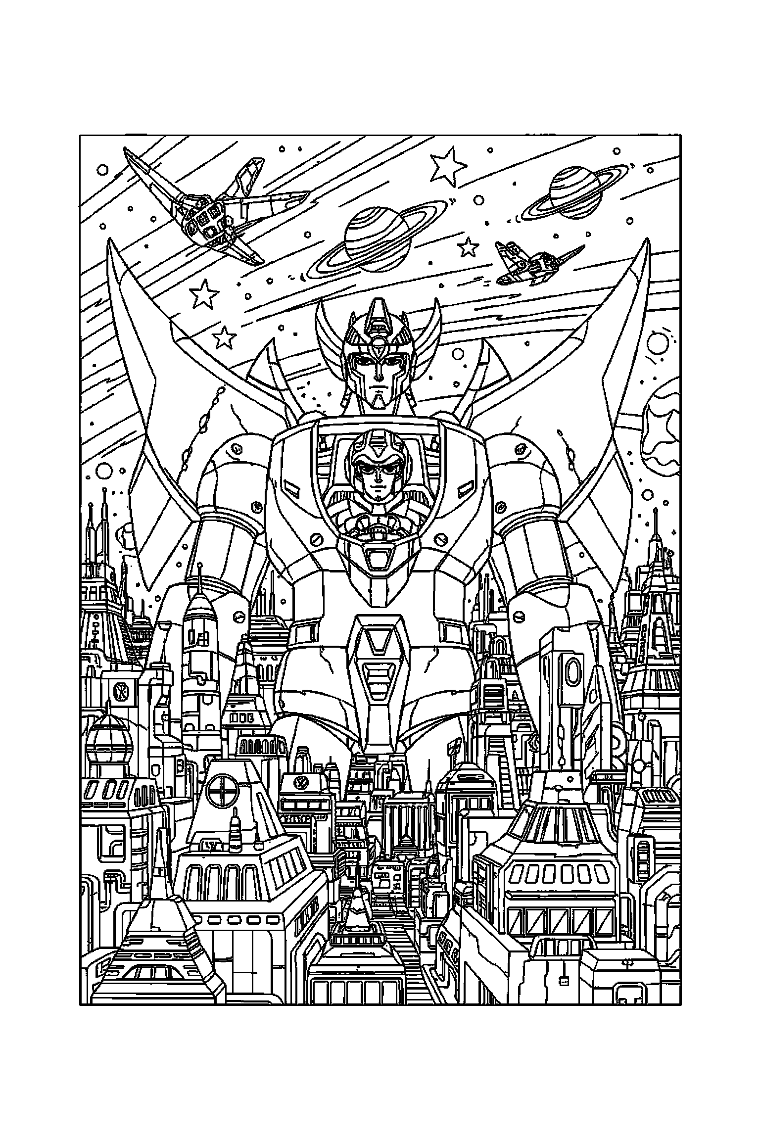 Coloriage Goldorak gratuit à imprimer : Actarus au centre avec scène détaillée de une base futuriste