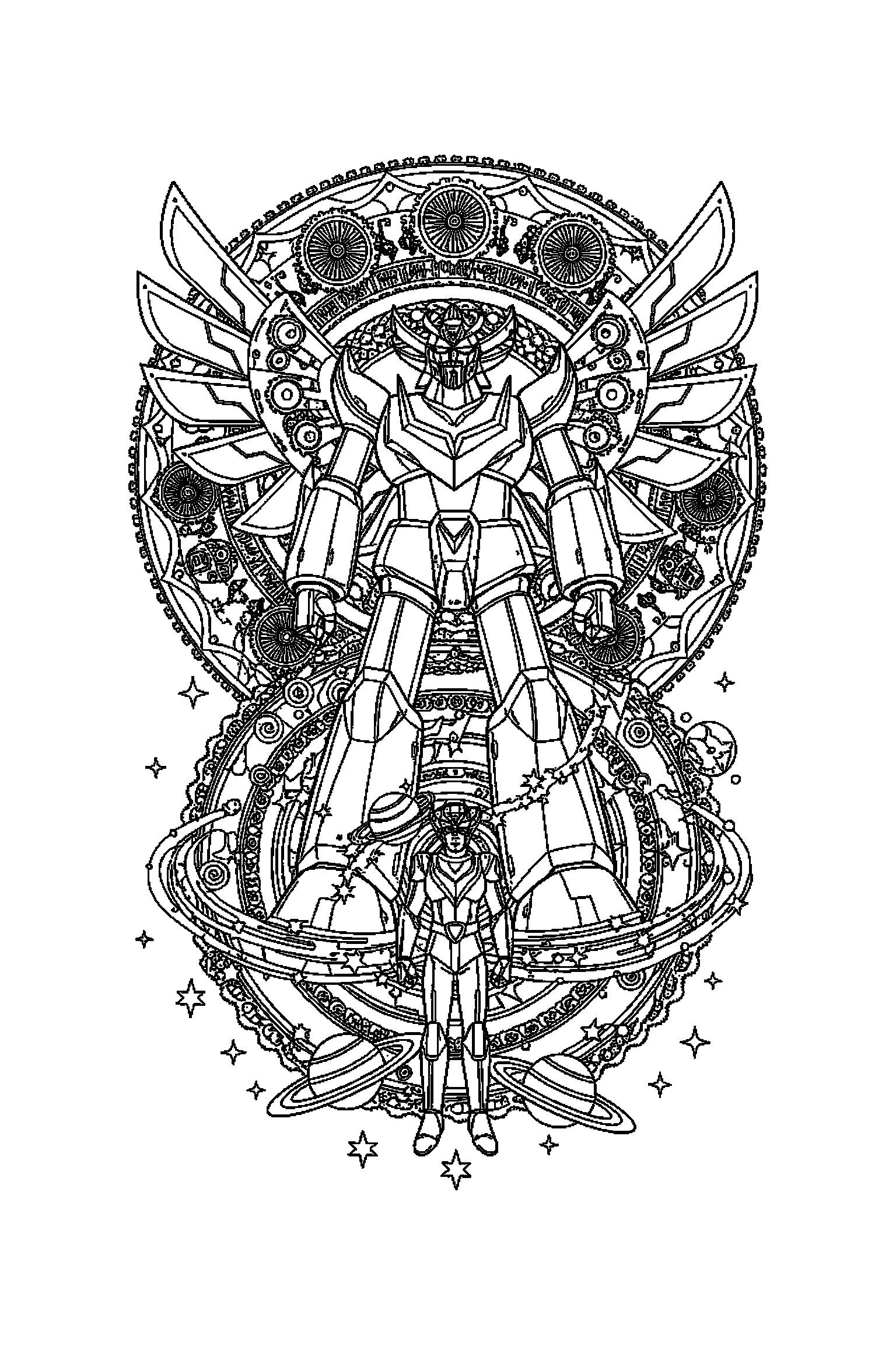 Coloriage Goldorak gratuit à imprimer : motif difficile de ailes mécaniques autour de un robot géant