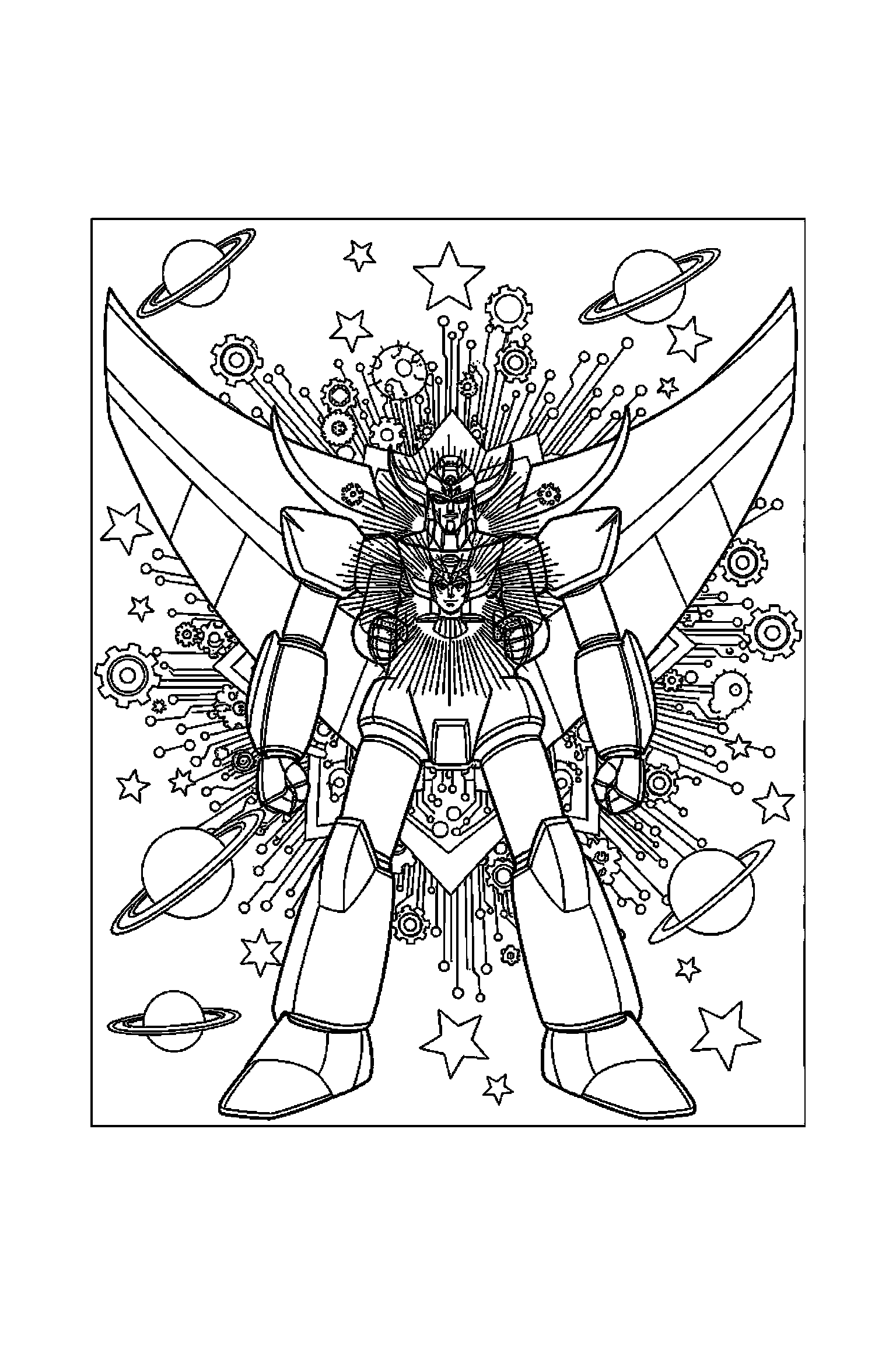 Coloriage Goldorak gratuit à imprimer : scène verticale détaillée avec un pilote héroïque et un rayon en contours