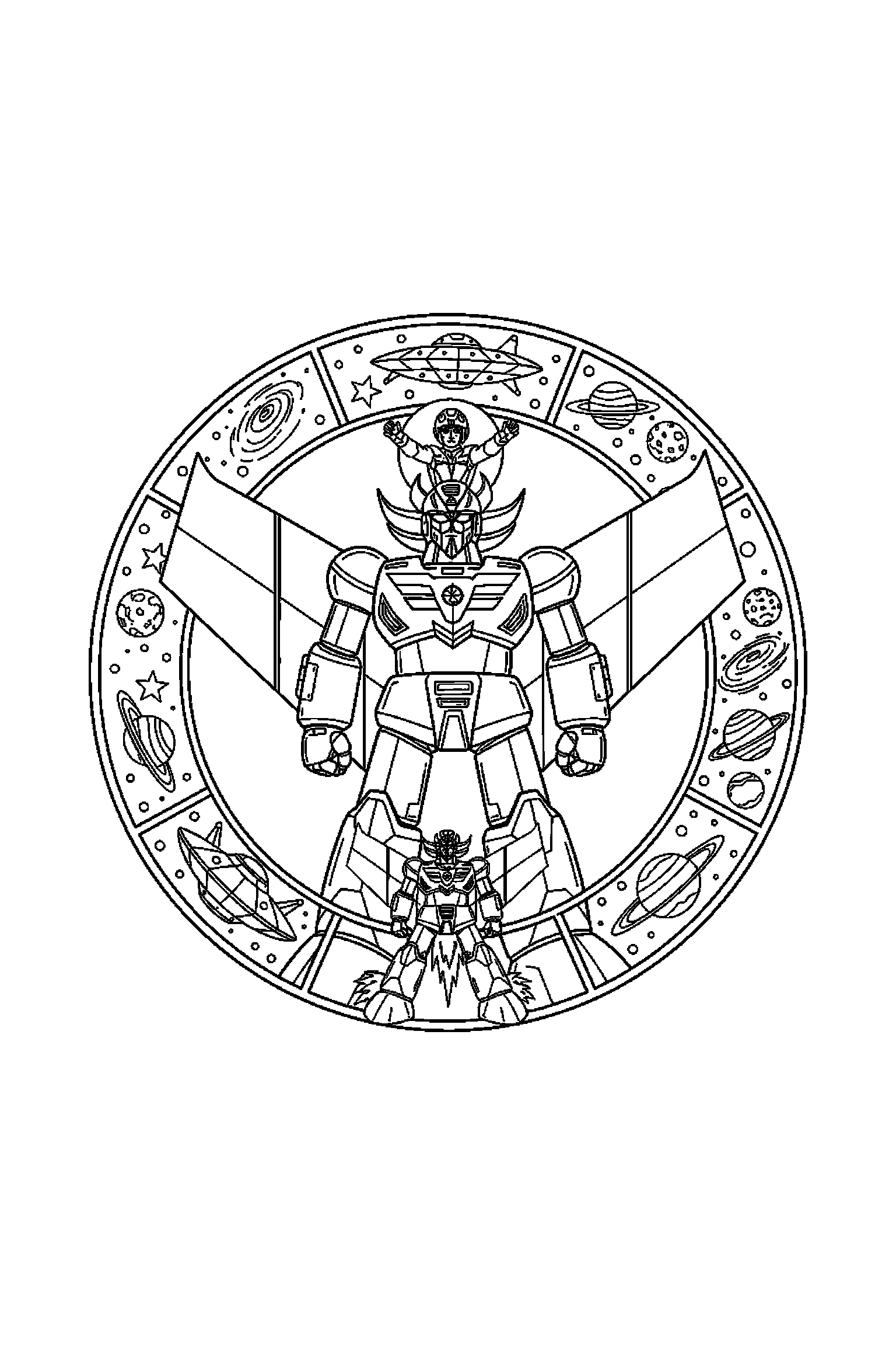 Coloriage Goldorak gratuit à imprimer : grand coloriage détaillé de un vaisseau spatial avec formes rétro
