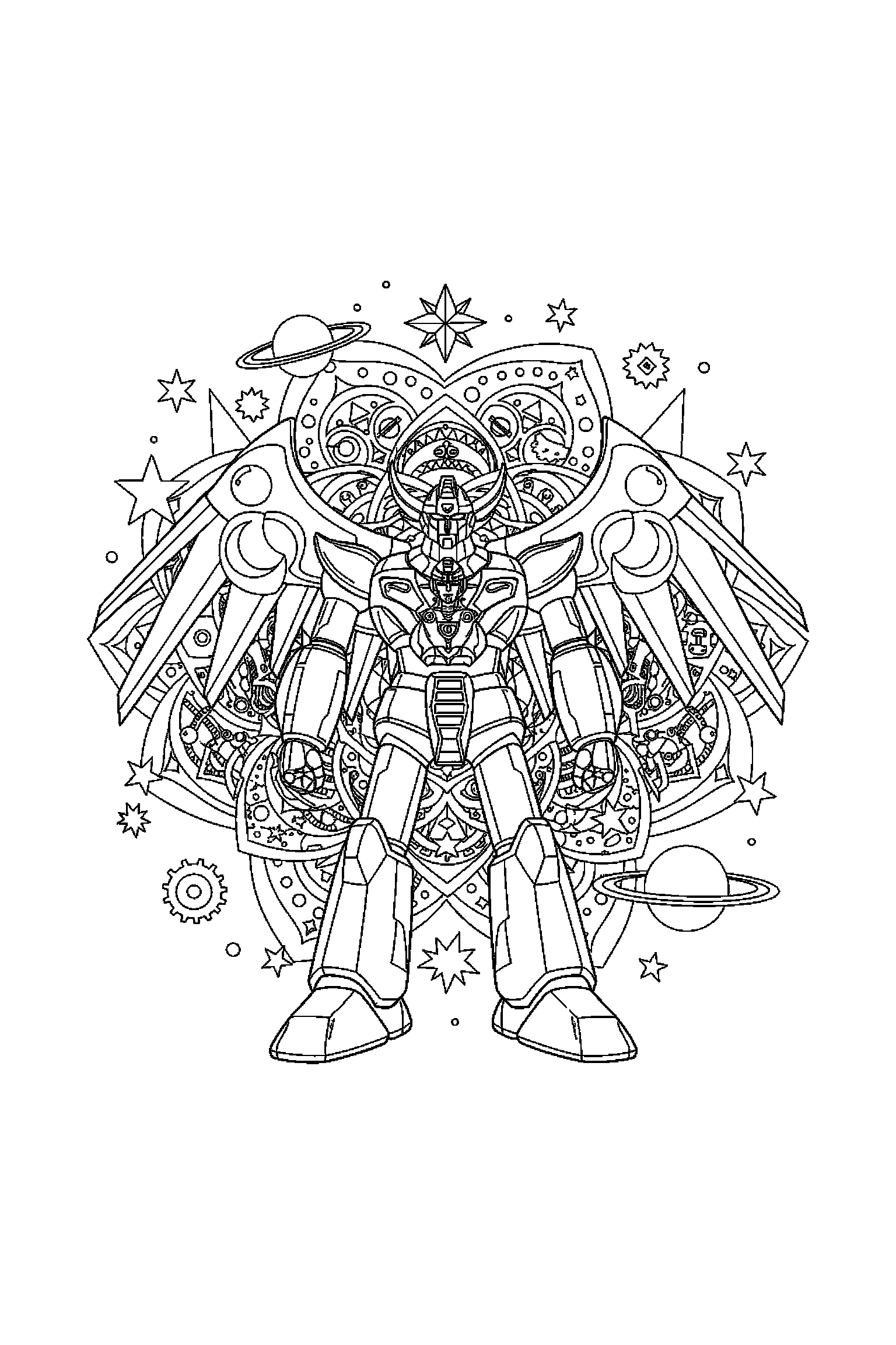 Coloriage Goldorak gratuit à imprimer : poster A4 détaillé de Goldorak avec mandala étoiles