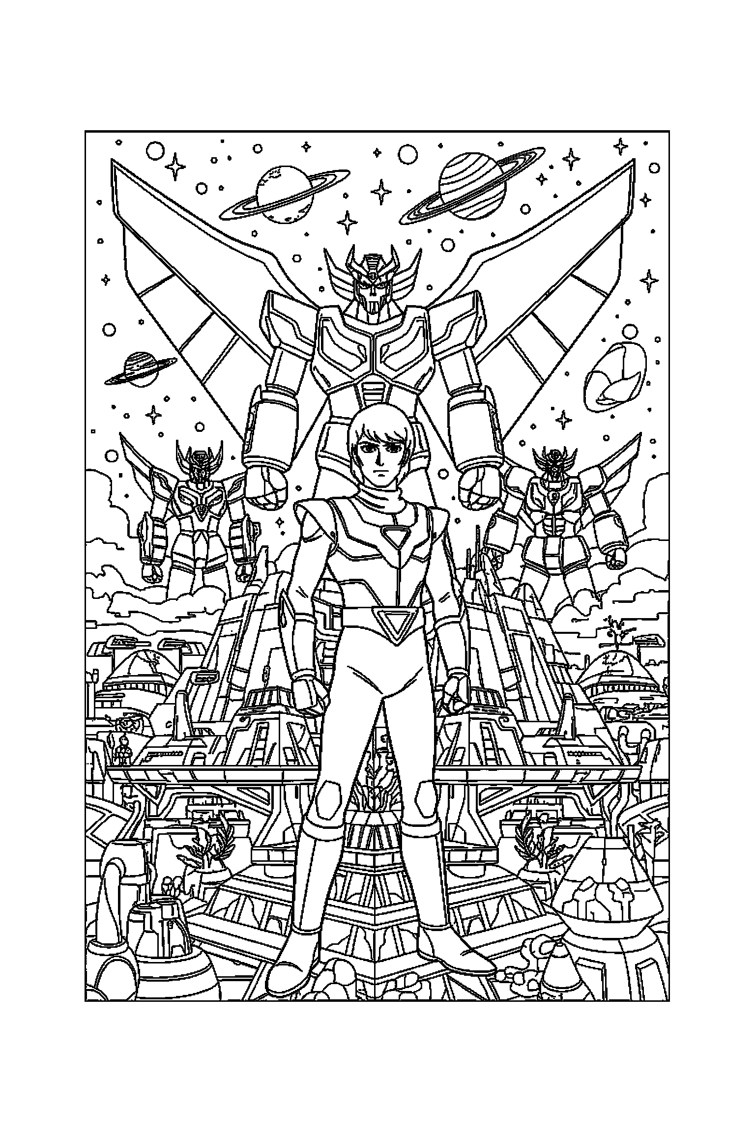 Coloriage Goldorak gratuit à imprimer : Actarus au centre avec scène détaillée de une base futuriste