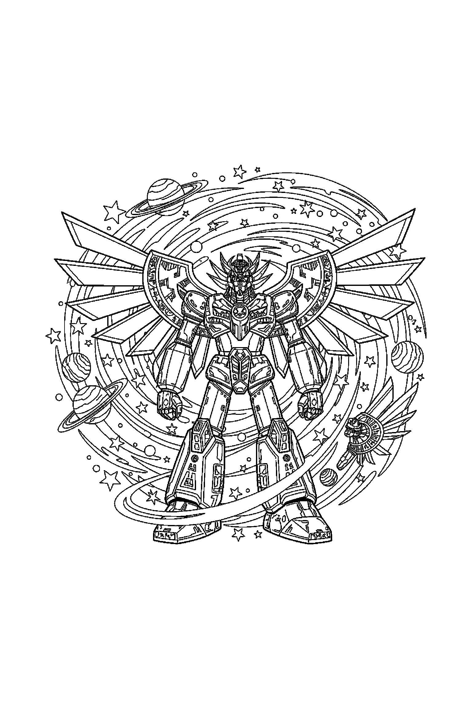 Coloriage Goldorak gratuit à imprimer : motif difficile de ailes mécaniques autour de un robot géant