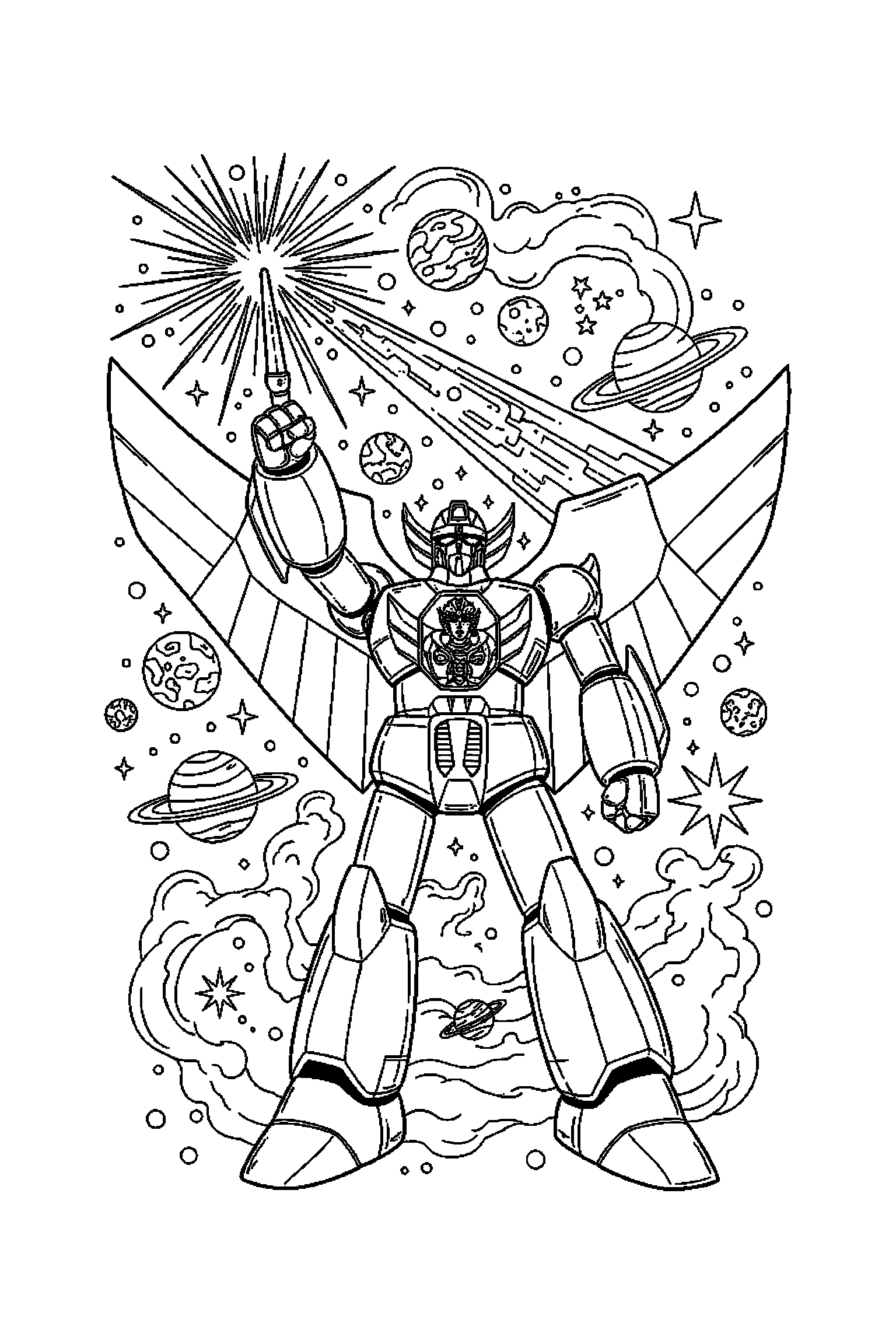 Coloriage Goldorak gratuit à imprimer : scène verticale détaillée avec un pilote héroïque et un rayon en contours